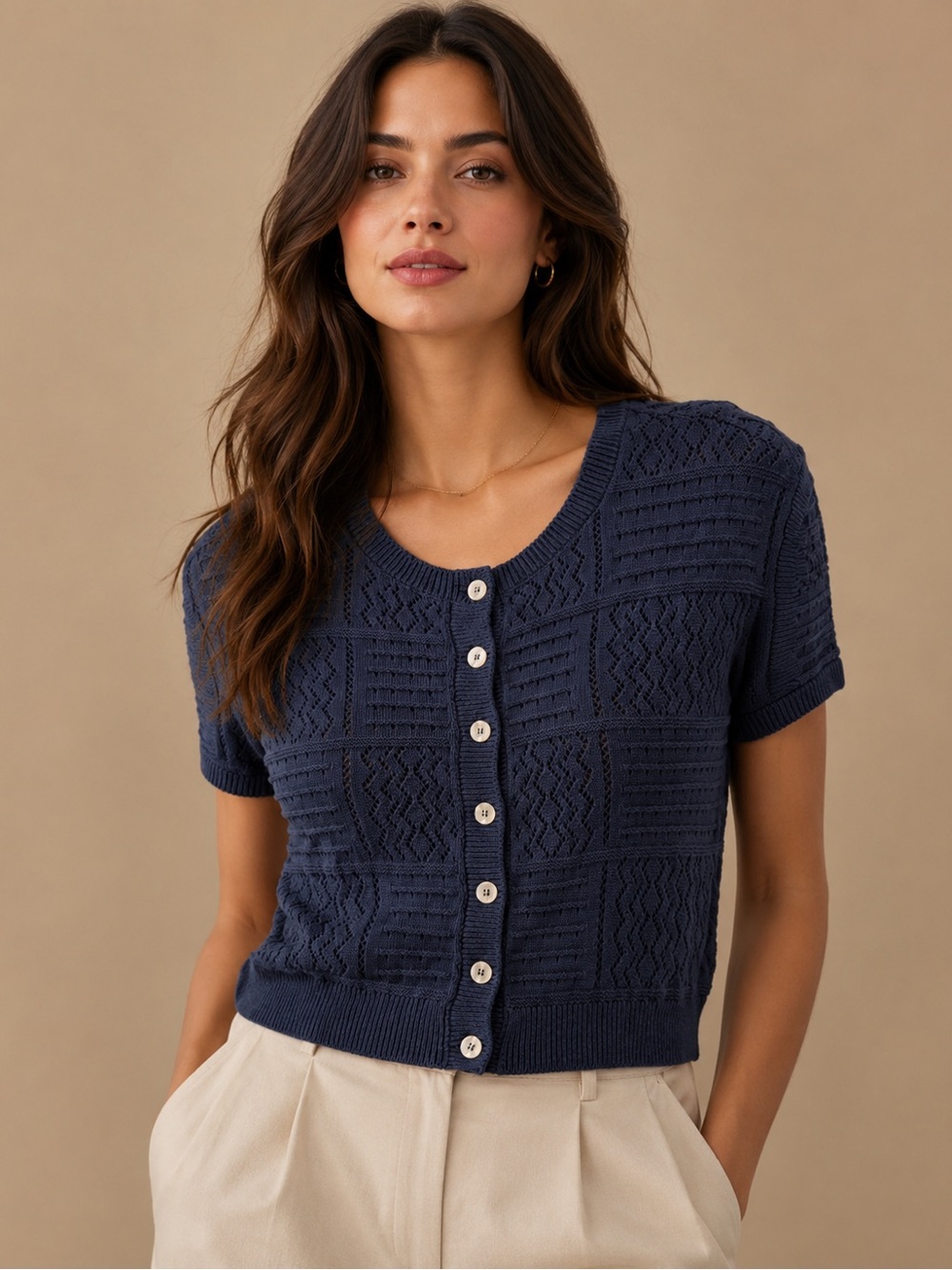 Blu Pepper Navy Pointelle Knit Button Cardigan Size L NWT